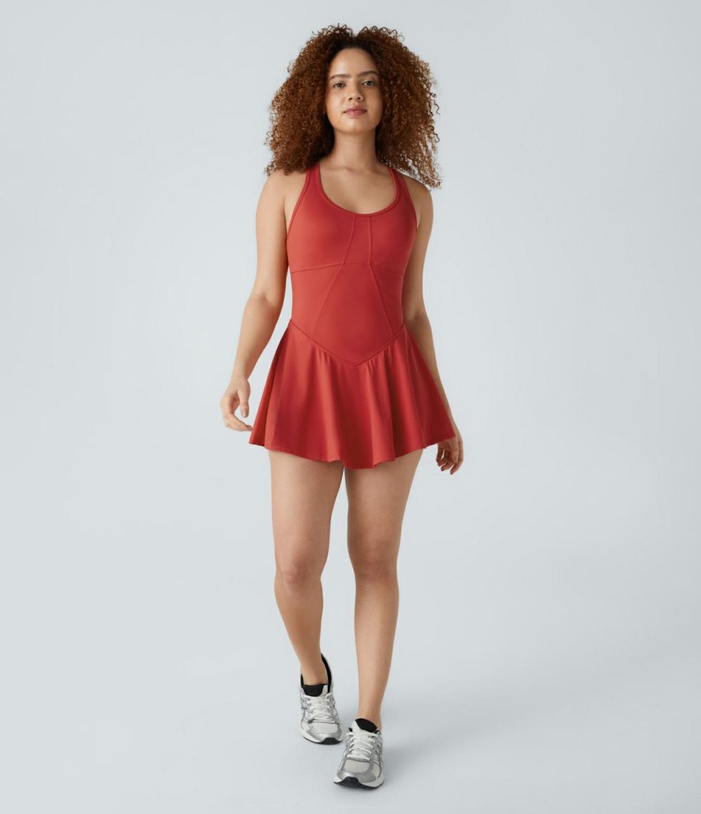 Racerback U Neck 2-in-1 Side Pocket Flare Hem Quick Dry Micro Mini Tennis Active Dress  | Womens  Active Dresses Active Dresses Active Dresses