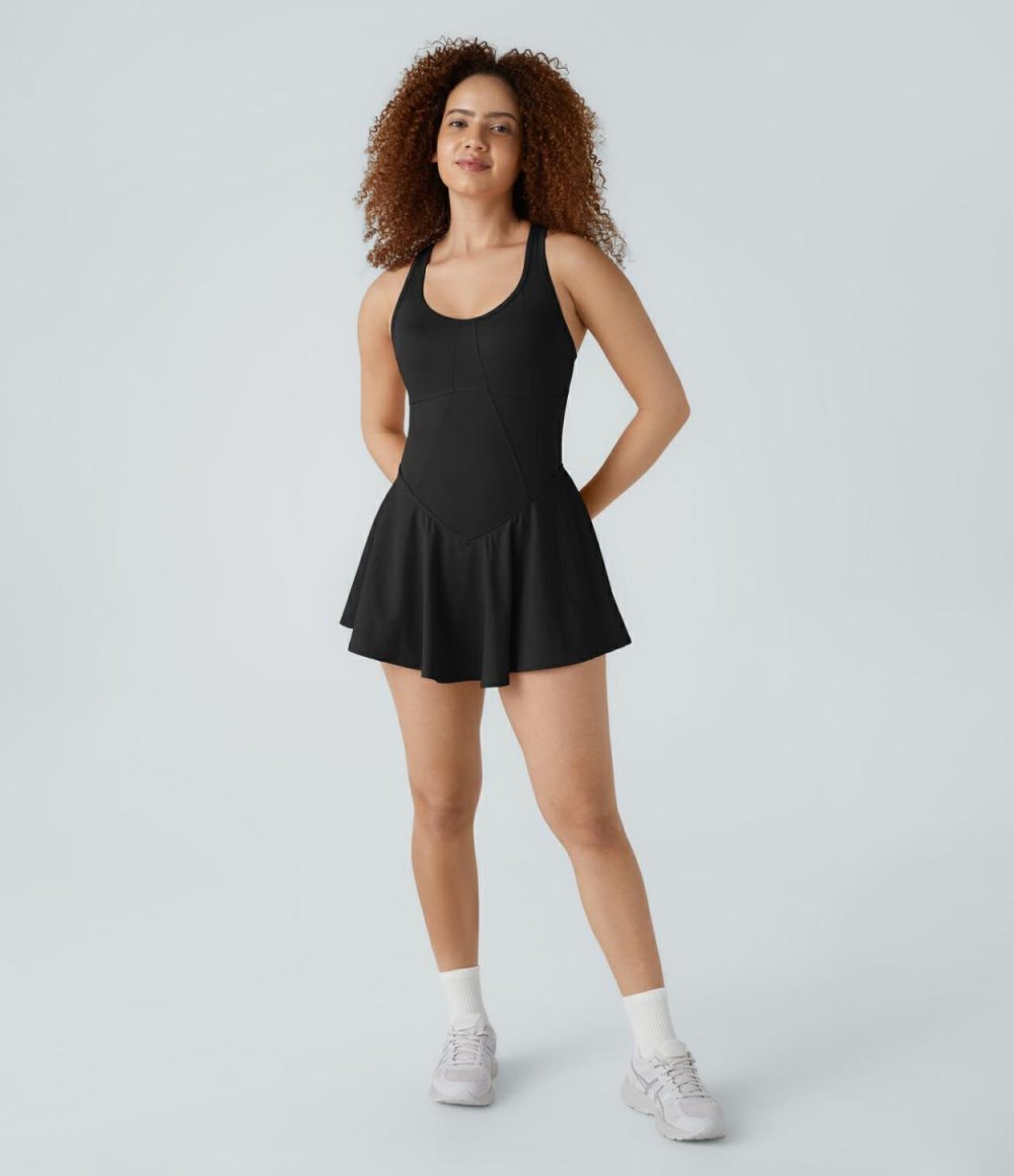 Racerback U Neck 2-in-1 Side Pocket Flare Hem Quick Dry Micro Mini Tennis Active Dress  | Womens  Active Dresses Active Dresses Active Dresses