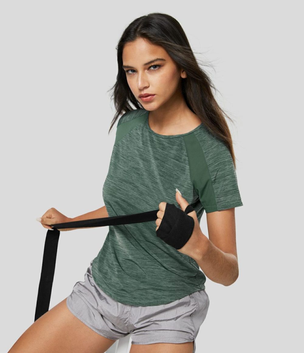 Raglan Sleeve Contrast Mesh Curved Hem Workout Sports Top  | Womens  Sports Tops Clothing Green Texture/Deep Gray Texture