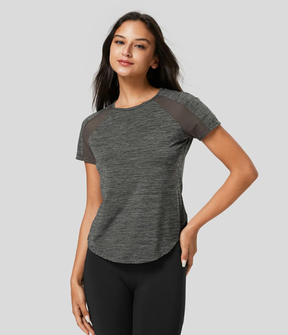 Raglan Sleeve Contrast Mesh Curved Hem Workout Sports Top  | Womens  Sports Tops Clothing Green Texture/Deep Gray Texture