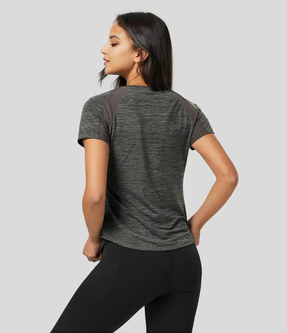 Raglan Sleeve Contrast Mesh Curved Hem Workout Sports Top  | Womens  Sports Tops Clothing Green Texture/Deep Gray Texture