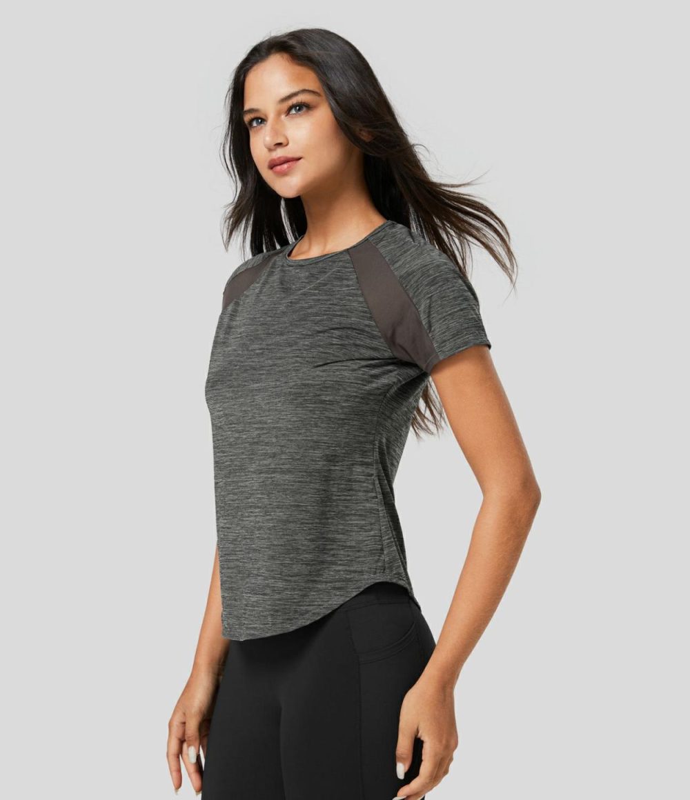 Raglan Sleeve Contrast Mesh Curved Hem Workout Sports Top  | Womens  Sports Tops Clothing Green Texture/Deep Gray Texture