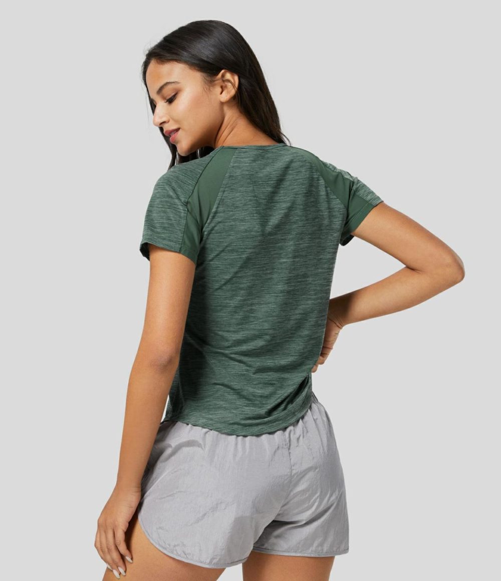 Raglan Sleeve Contrast Mesh Curved Hem Workout Sports Top  | Womens  Sports Tops Clothing Green Texture/Deep Gray Texture