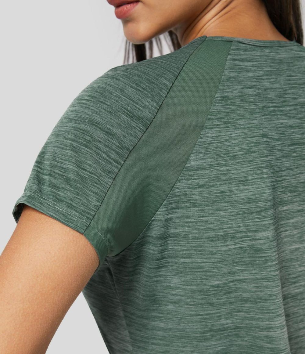 Raglan Sleeve Contrast Mesh Curved Hem Workout Sports Top  | Womens  Sports Tops Clothing Green Texture/Deep Gray Texture