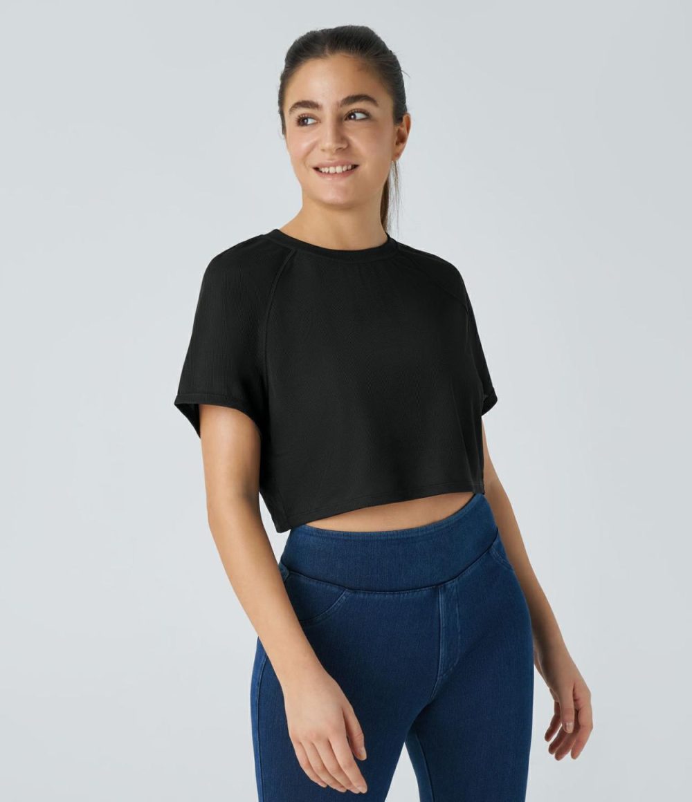 Raglan Sleeve Solid Cropped Waffle Casual Tee  | Womens  Cropped Tops Clothing Black/Rose Dawn/Hurricane Grey/Mashed Taro Purple/Frost Clear Haze