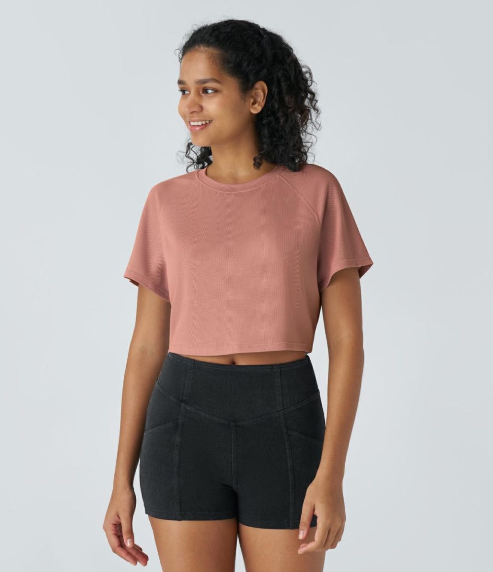 Raglan Sleeve Solid Cropped Waffle Casual Tee  | Womens  Cropped Tops Clothing Black/Rose Dawn/Hurricane Grey/Mashed Taro Purple/Frost Clear Haze