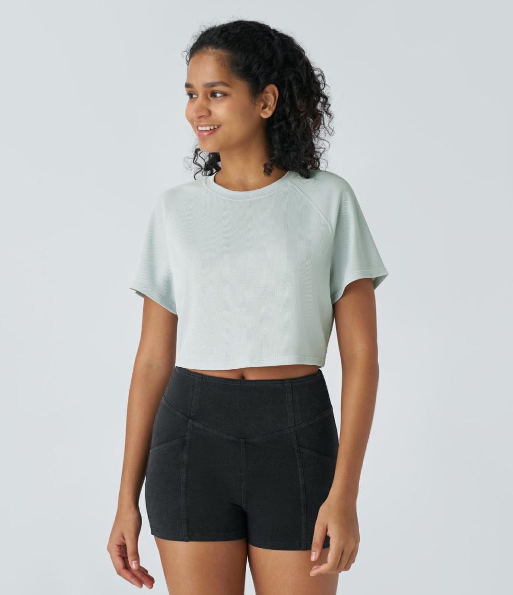 Raglan Sleeve Solid Cropped Waffle Casual Tee  | Womens  Cropped Tops Clothing Black/Rose Dawn/Hurricane Grey/Mashed Taro Purple/Frost Clear Haze