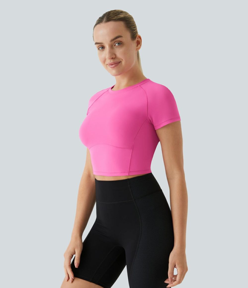 Raglan Sleeve Top-stitching Skinny Cropped Quick Dry Workout Sports Top  | Womens  Sports Tops Clothing Gorgeous Powder Pink/Black