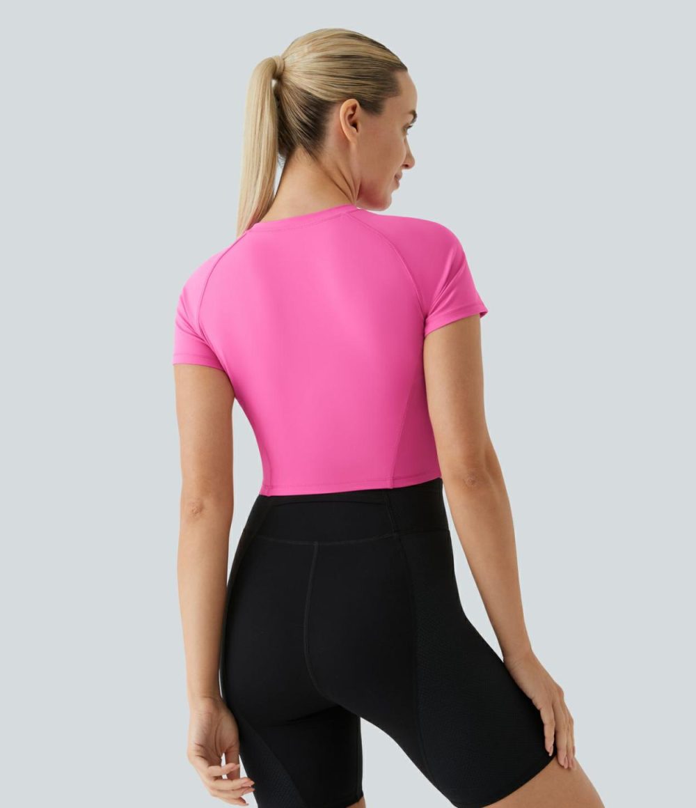 Raglan Sleeve Top-stitching Skinny Cropped Quick Dry Workout Sports Top  | Womens  Sports Tops Clothing Gorgeous Powder Pink/Black