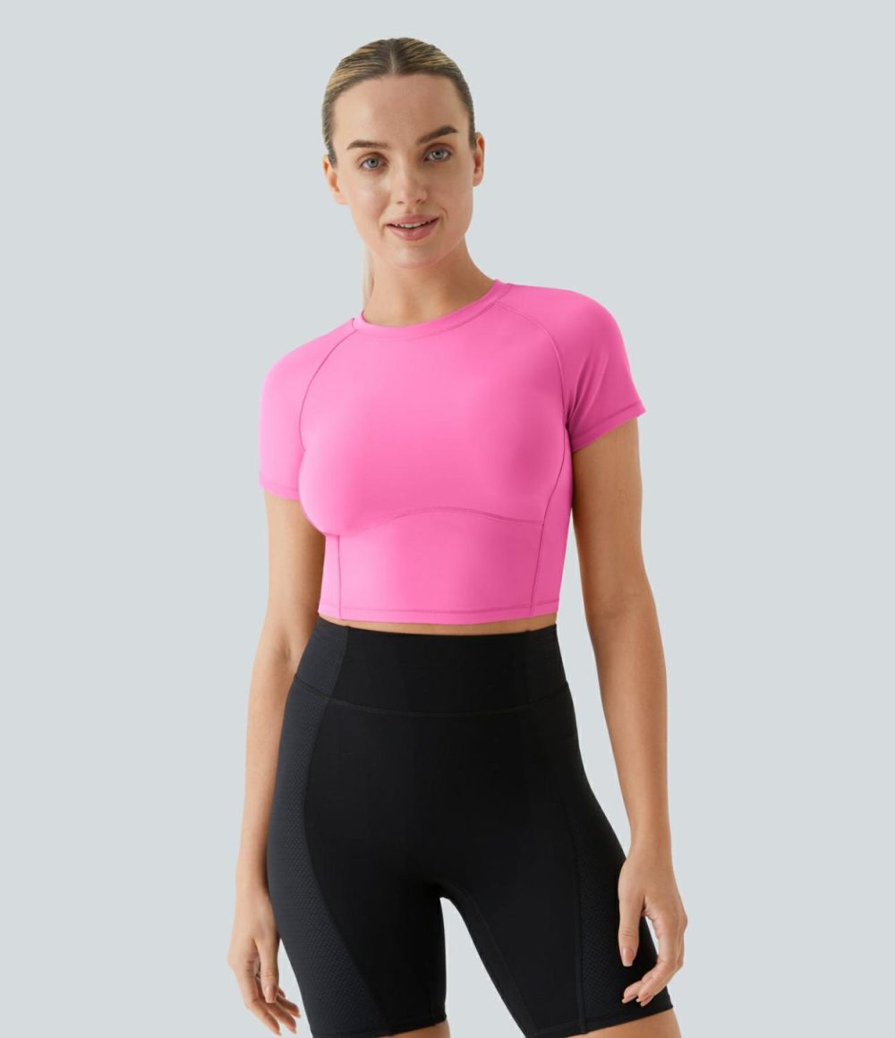 Raglan Sleeve Top-stitching Skinny Cropped Quick Dry Workout Sports Top  | Womens  Sports Tops Clothing Gorgeous Powder Pink/Black