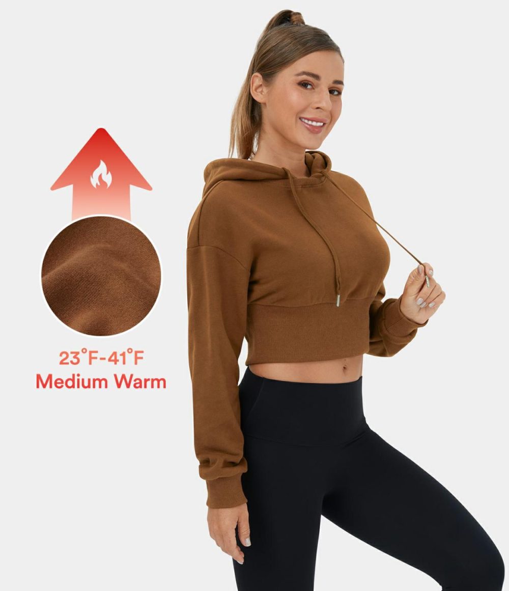 Removable Hood Drawstring Cropped Fleece Casual Cotton Hoodie Sports Sweatshirt  | Womens  Long Sleeve Tops Clothing Long Sleeve Tops