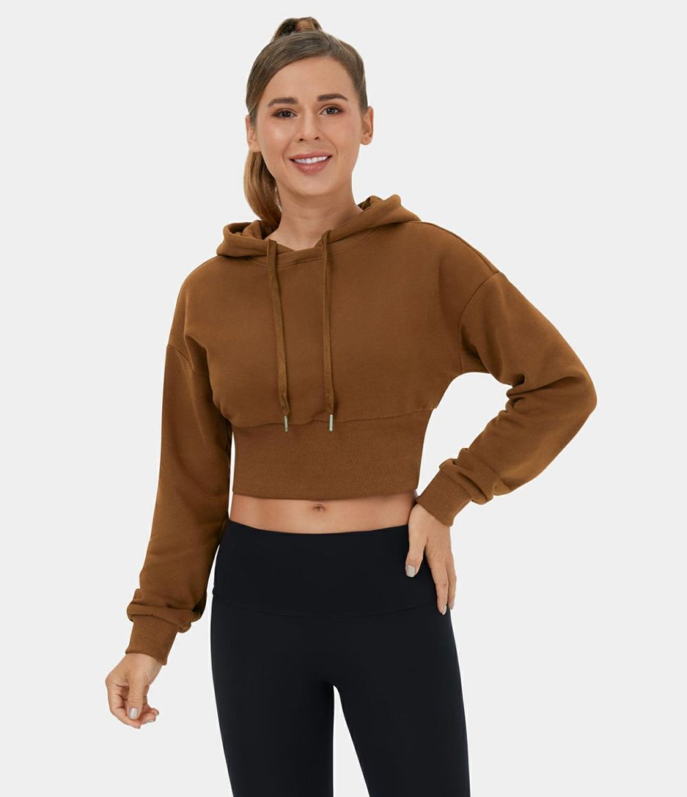 Removable Hood Drawstring Cropped Fleece Casual Cotton Hoodie Sports Sweatshirt  | Womens  Long Sleeve Tops Clothing Long Sleeve Tops