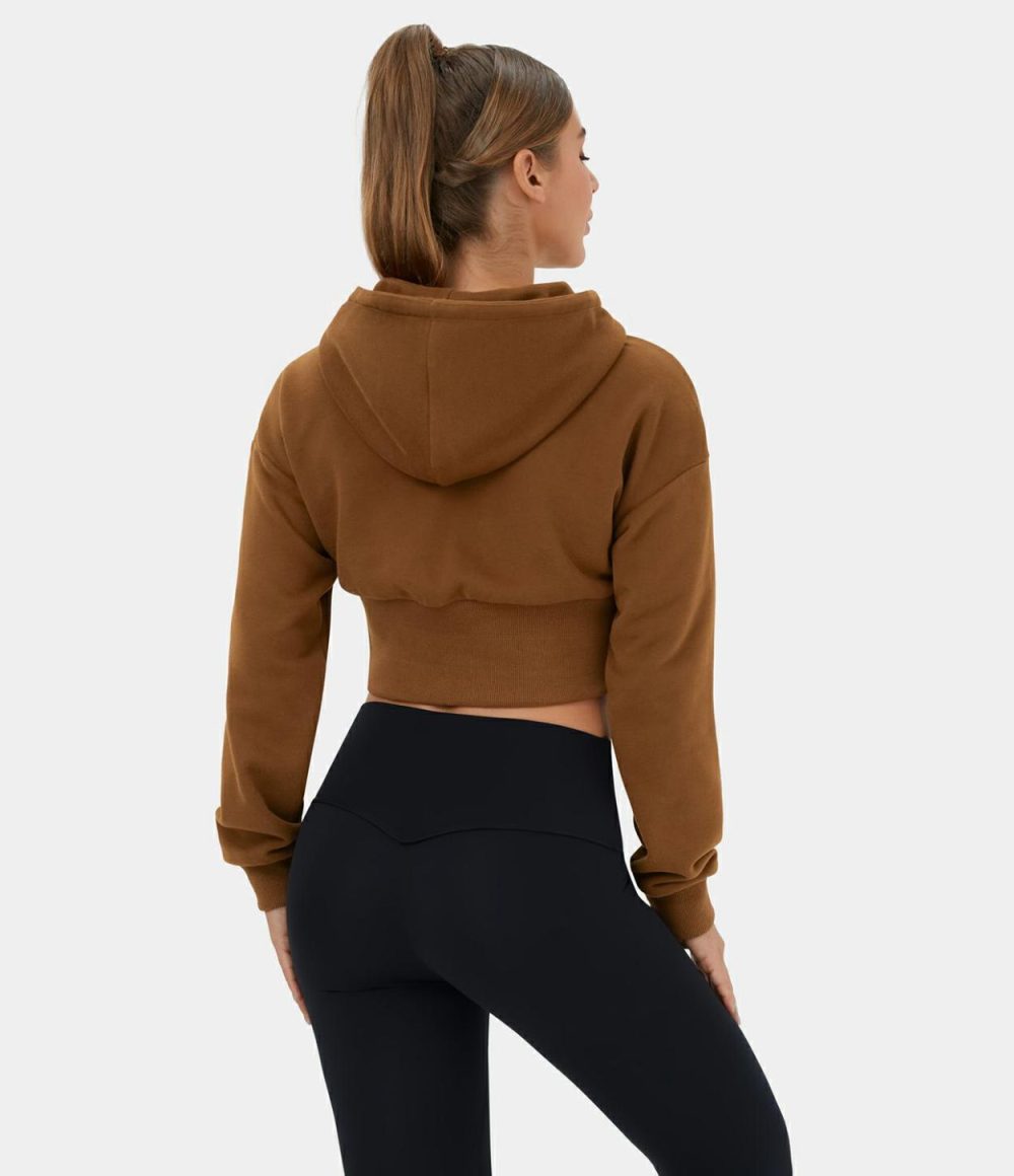 Removable Hood Drawstring Cropped Fleece Casual Cotton Hoodie Sports Sweatshirt  | Womens  Long Sleeve Tops Clothing Long Sleeve Tops