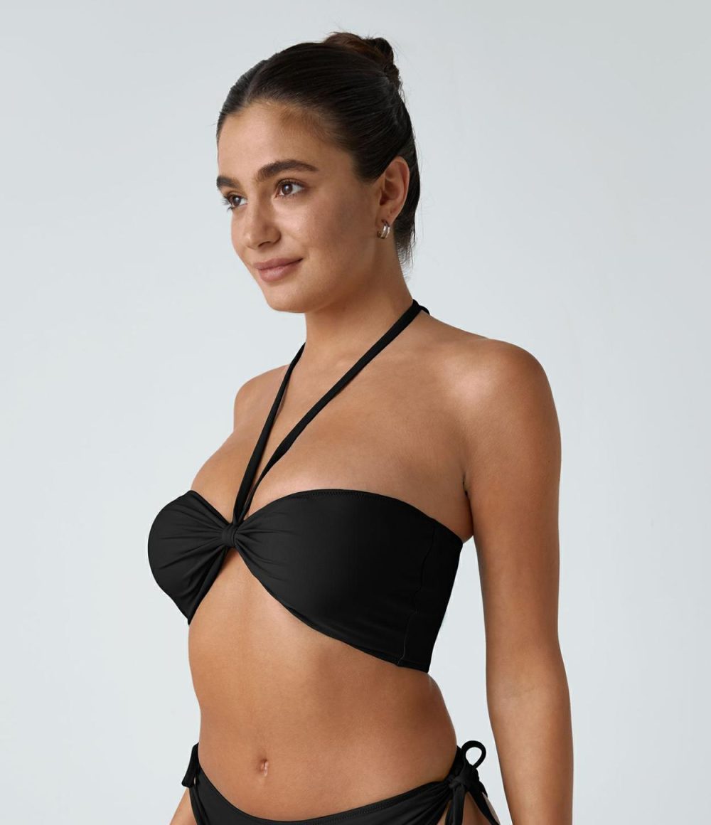 Removable Strap Halter Bikini Top Swimsuit  | Womens  Swimwear Tops Clothing Lake Blue/Black