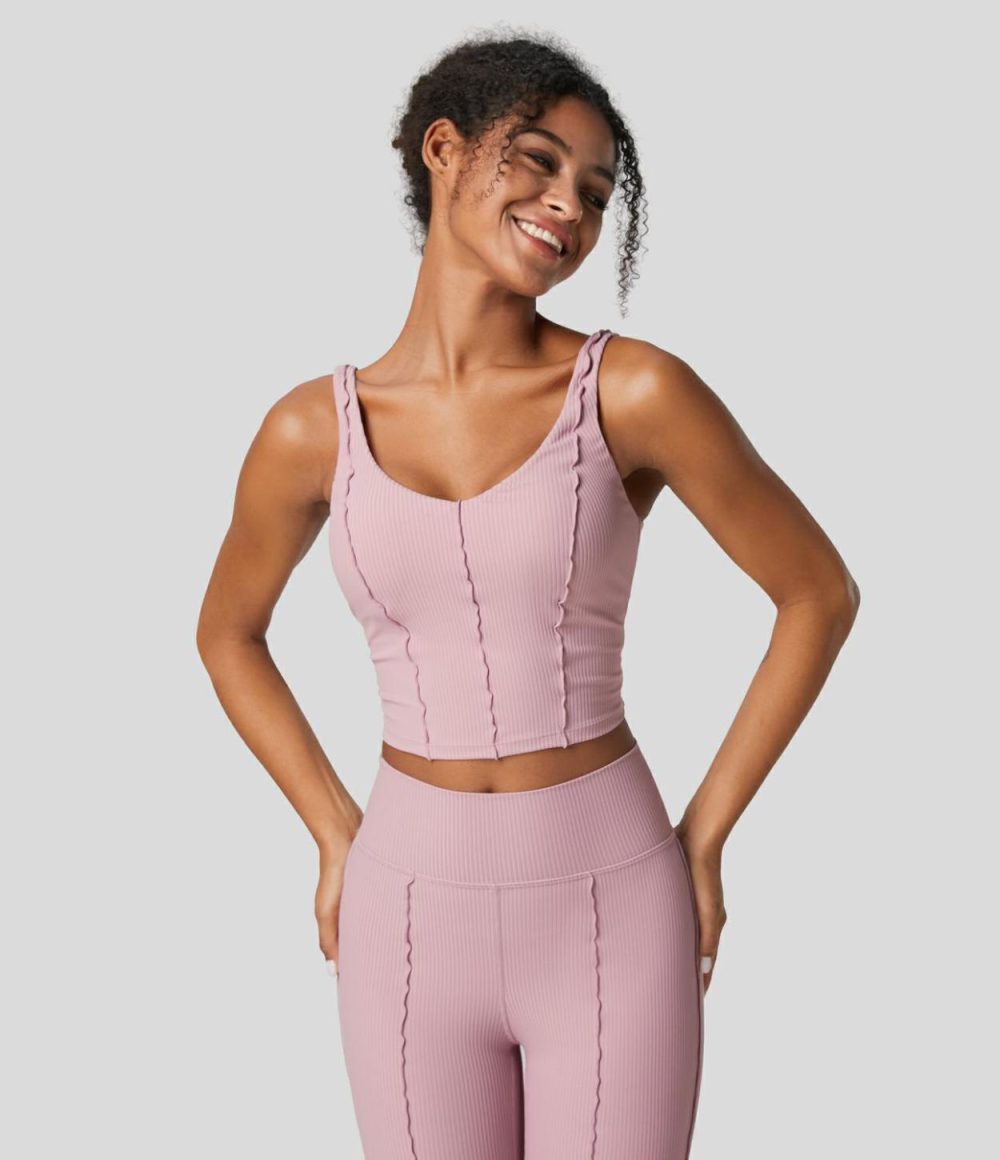 Ribbed Backless Lettuce Trim Cropped Yoga Tank Top  | Womens  Cropped Tops Clothing Bleached Mauve/Black