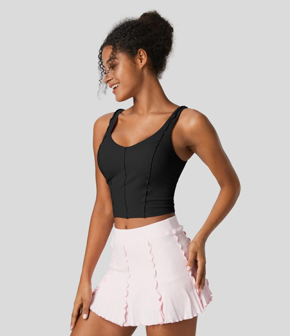 Ribbed Backless Lettuce Trim Cropped Yoga Tank Top  | Womens  Cropped Tops Clothing Bleached Mauve/Black