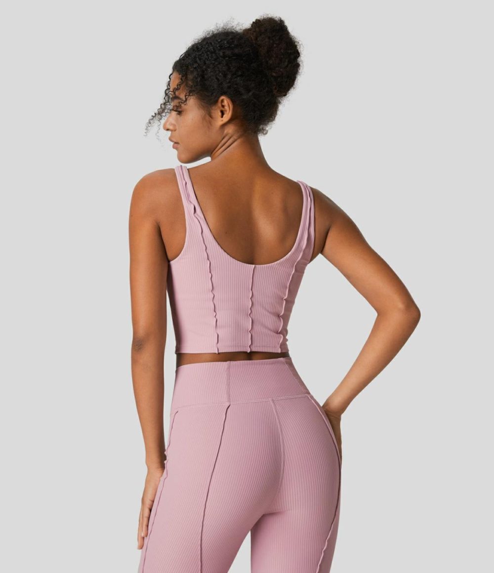 Ribbed Backless Lettuce Trim Cropped Yoga Tank Top  | Womens  Cropped Tops Clothing Bleached Mauve/Black