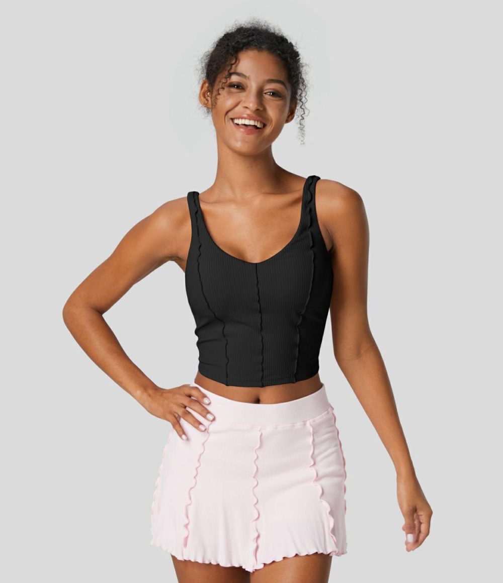 Ribbed Backless Lettuce Trim Cropped Yoga Tank Top  | Womens  Cropped Tops Clothing Bleached Mauve/Black