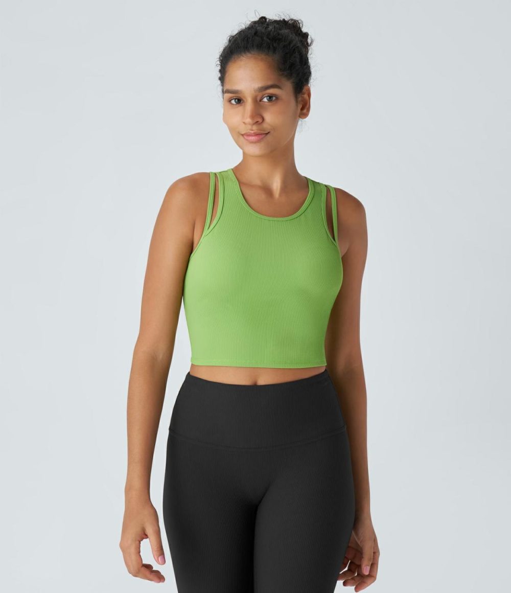 Ribbed Backless Racerback Cut Out Cropped Workout Tank Top  | Womens  Cropped Tops Clothing Black/Jade Lime