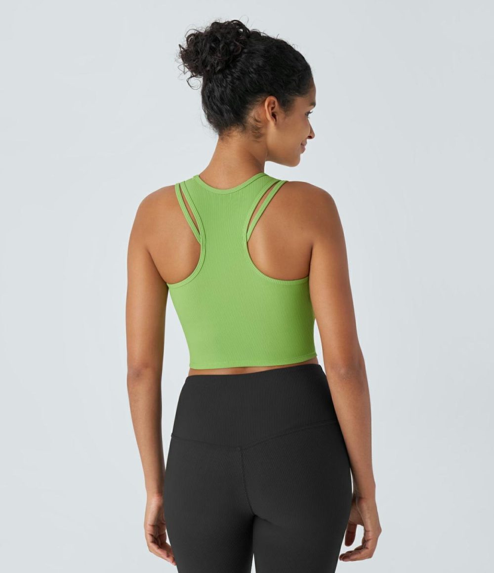 Ribbed Backless Racerback Cut Out Cropped Workout Tank Top  | Womens  Cropped Tops Clothing Black/Jade Lime