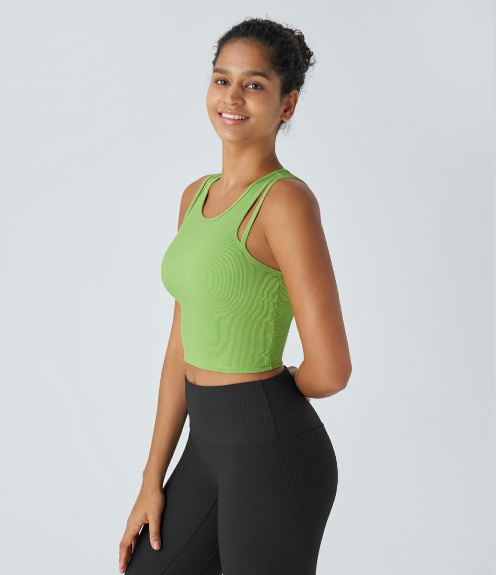 Ribbed Backless Racerback Cut Out Cropped Workout Tank Top  | Womens  Cropped Tops Clothing Black/Jade Lime