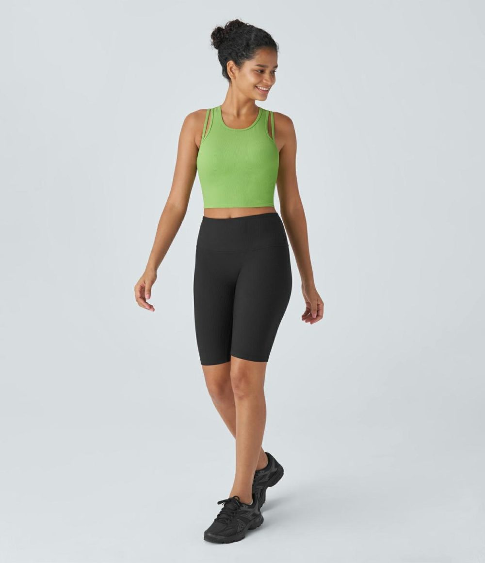 Ribbed Backless Racerback Cut Out Cropped Workout Tank Top  | Womens  Cropped Tops Clothing Black/Jade Lime