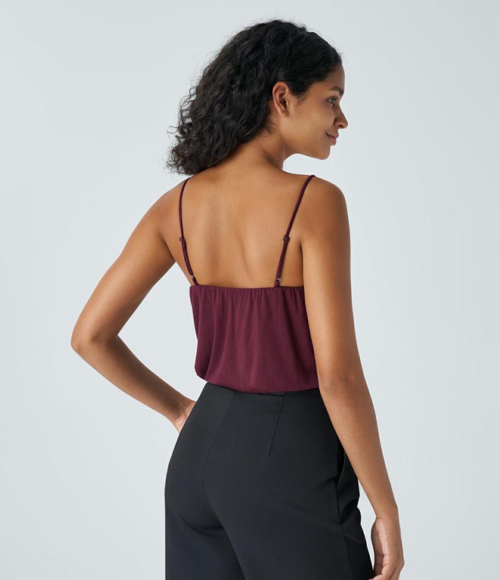 Ribbed Cowl Neck Adjustable Strap Work Cami Top  | Womens  T-Shirts Clothing Maroon Banner/Black