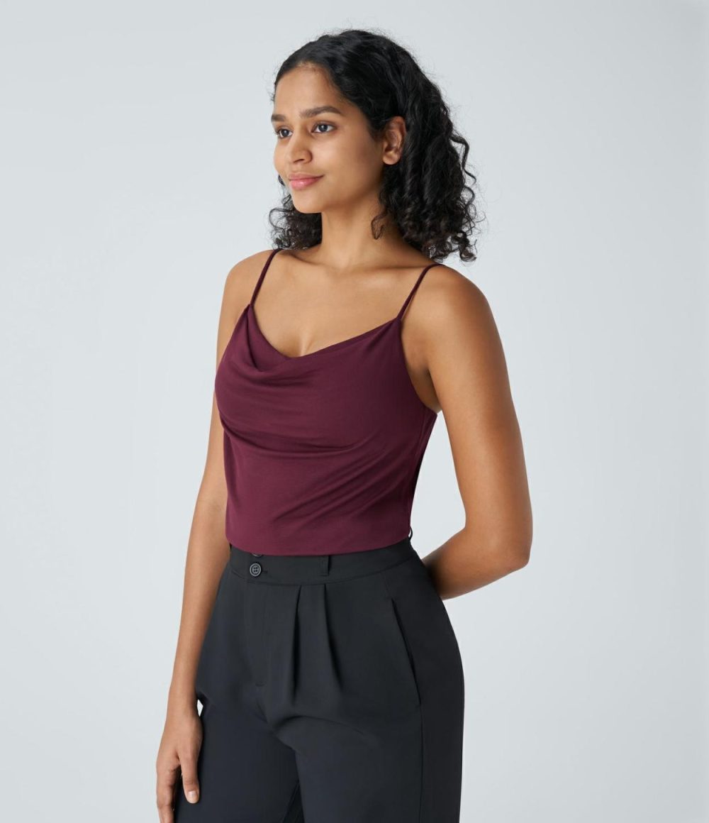 Ribbed Cowl Neck Adjustable Strap Work Cami Top  | Womens  T-Shirts Clothing Maroon Banner/Black