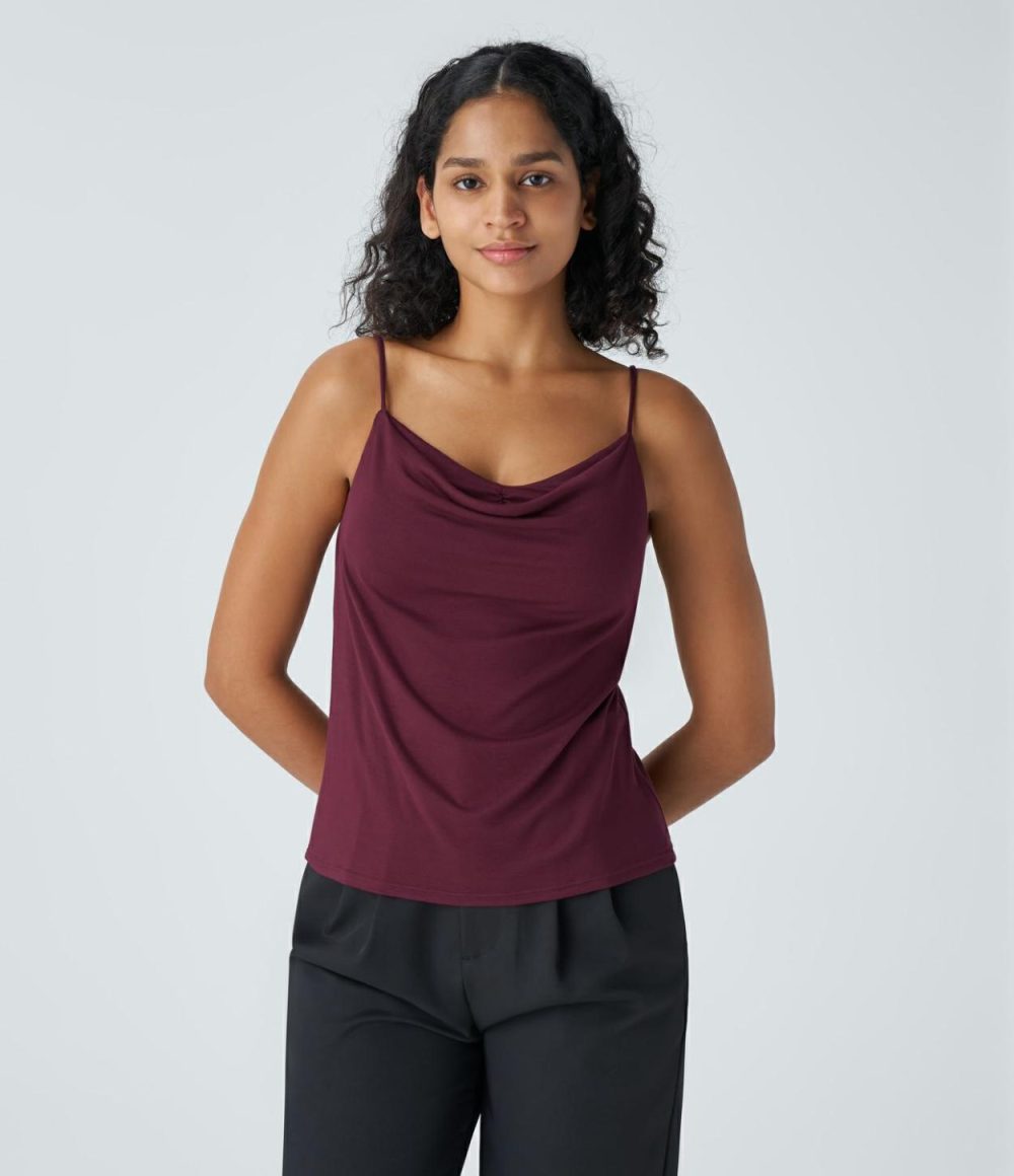 Ribbed Cowl Neck Adjustable Strap Work Cami Top  | Womens  T-Shirts Clothing Maroon Banner/Black