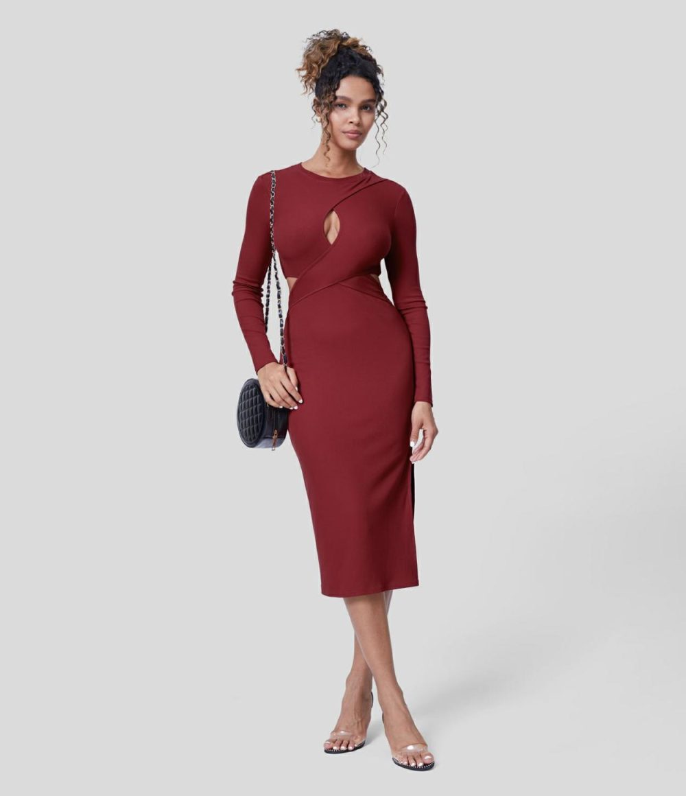 Ribbed Crossover Cut out Long Sleeve Split Hem Bodycon Midi Party Dress  | Womens  Party Dresses Clothing Party Dresses