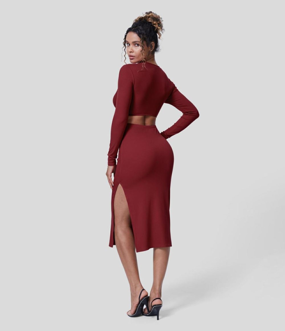 Ribbed Crossover Cut out Long Sleeve Split Hem Bodycon Midi Party Dress  | Womens  Party Dresses Clothing Party Dresses