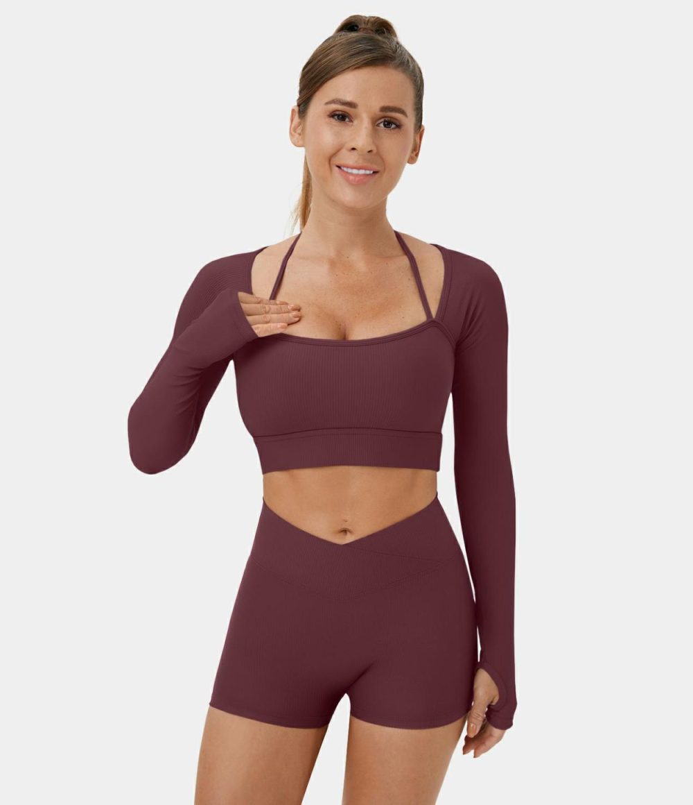 Ribbed Halter Strap Thumb Hole Cropped Yoga Sports Top  | Womens  Sports Tops Clothing Sports Tops