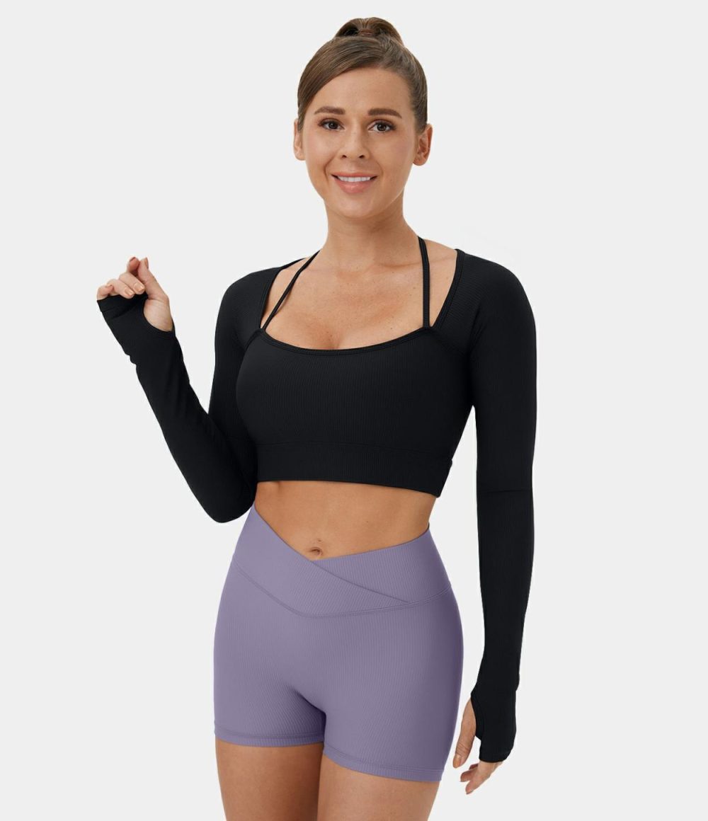 Ribbed Halter Strap Thumb Hole Cropped Yoga Sports Top  | Womens  Sports Tops Clothing Sports Tops