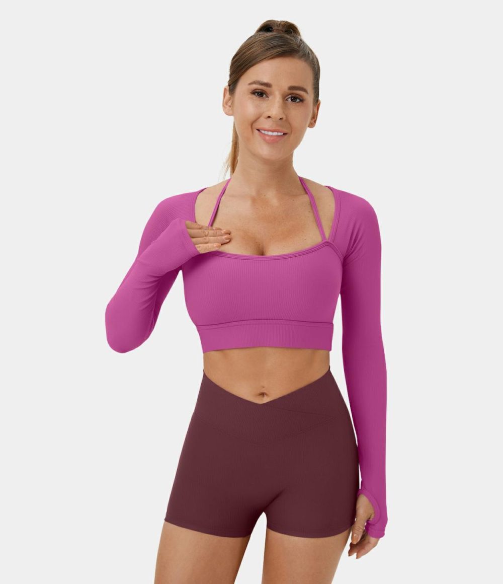 Ribbed Halter Strap Thumb Hole Cropped Yoga Sports Top  | Womens  Sports Tops Clothing Sports Tops