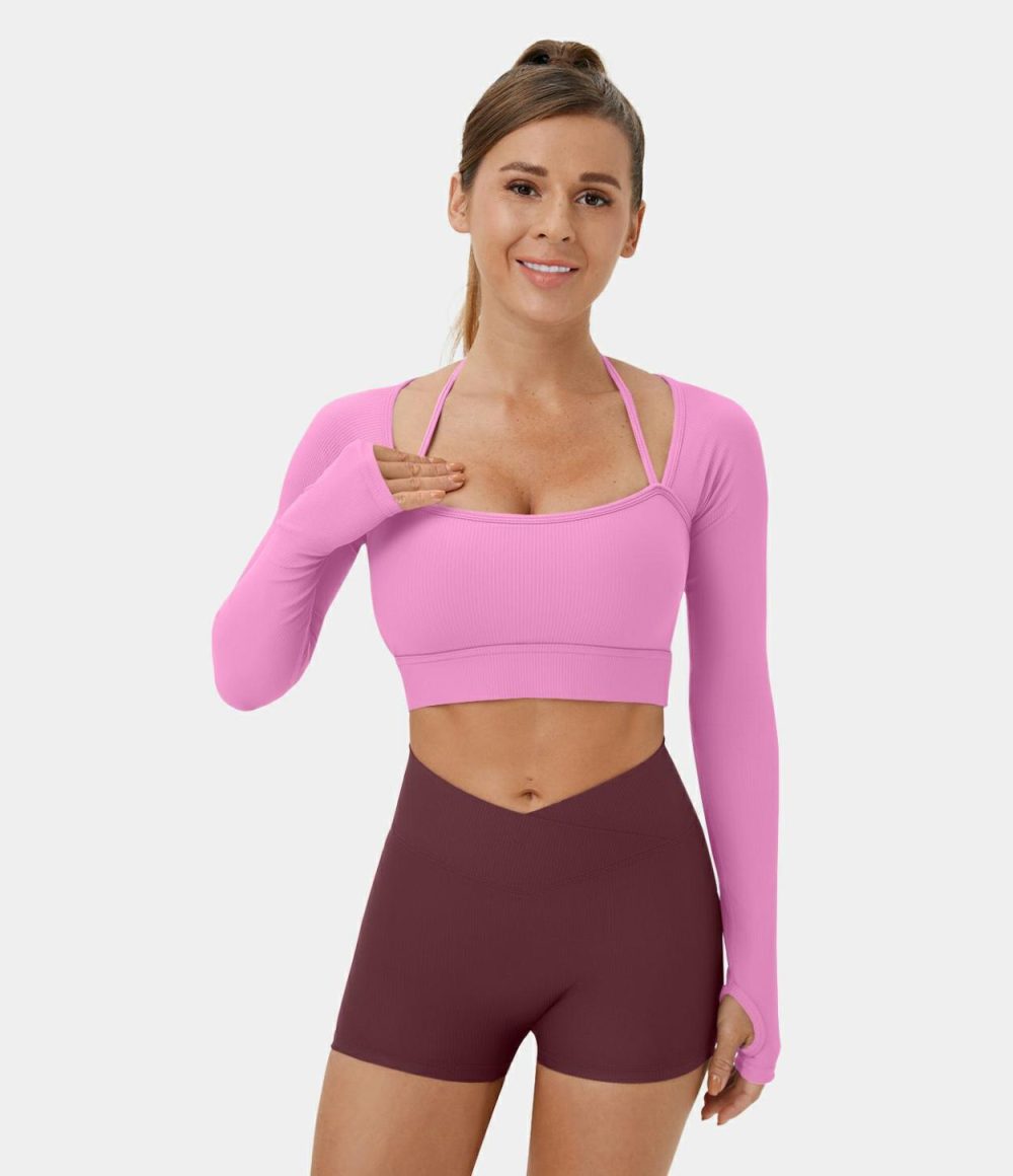 Ribbed Halter Strap Thumb Hole Cropped Yoga Sports Top  | Womens  Sports Tops Clothing Sports Tops