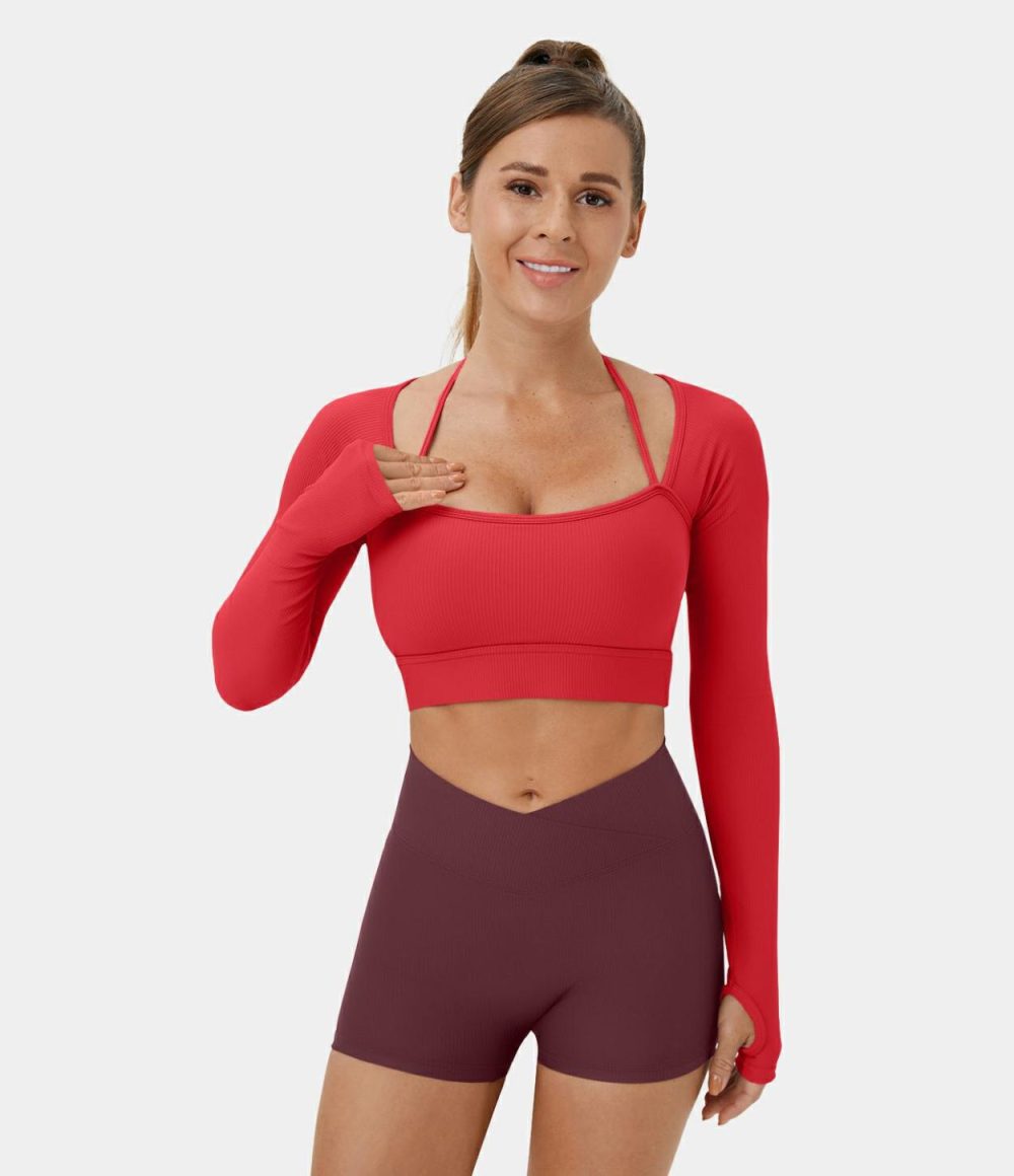 Ribbed Halter Strap Thumb Hole Cropped Yoga Sports Top  | Womens  Sports Tops Clothing Sports Tops