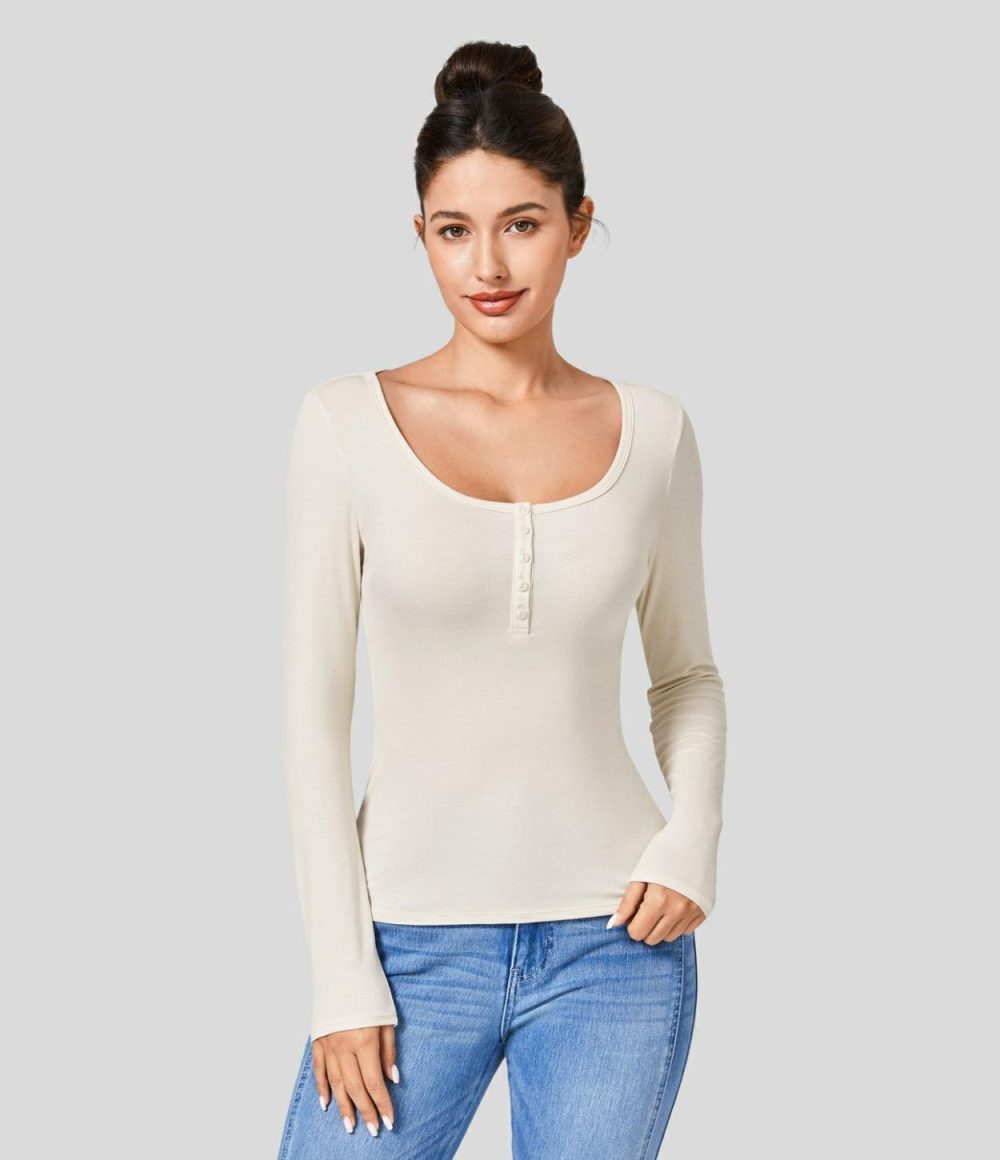 Ribbed Henley Neck Long Sleeve Slim Casual Top  | Womens  Long Sleeve Tops Clothing Long Sleeve Tops