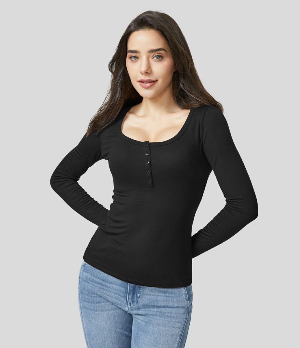 Ribbed Henley Neck Long Sleeve Slim Casual Top  | Womens  Long Sleeve Tops Clothing Long Sleeve Tops