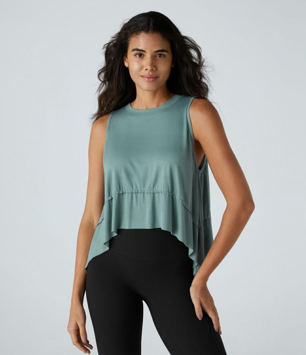 Ribbed High Low Raw Hem Split Resort Tank Top  | Womens  T-Shirts Clothing Clear Green/Black