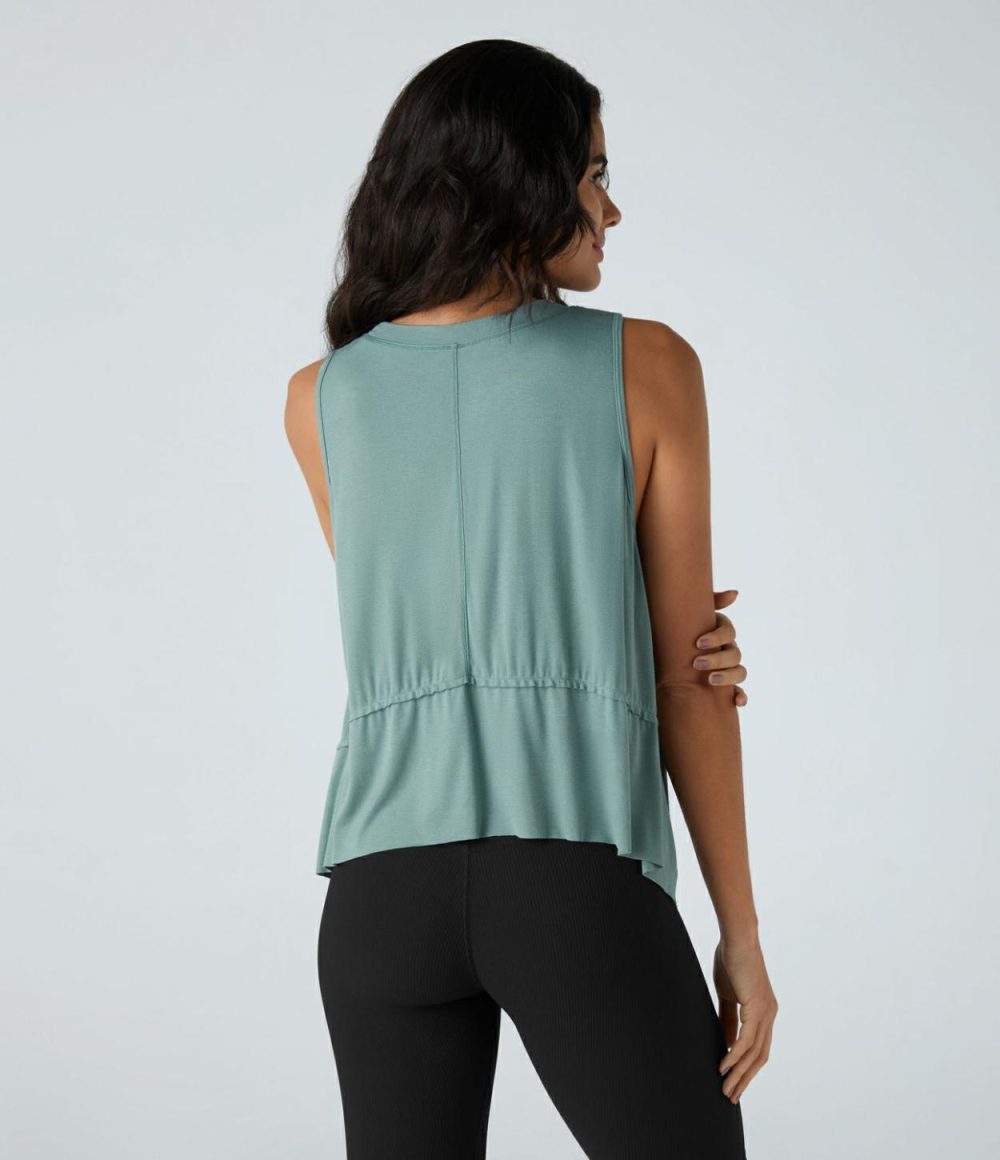 Ribbed High Low Raw Hem Split Resort Tank Top  | Womens  T-Shirts Clothing Clear Green/Black