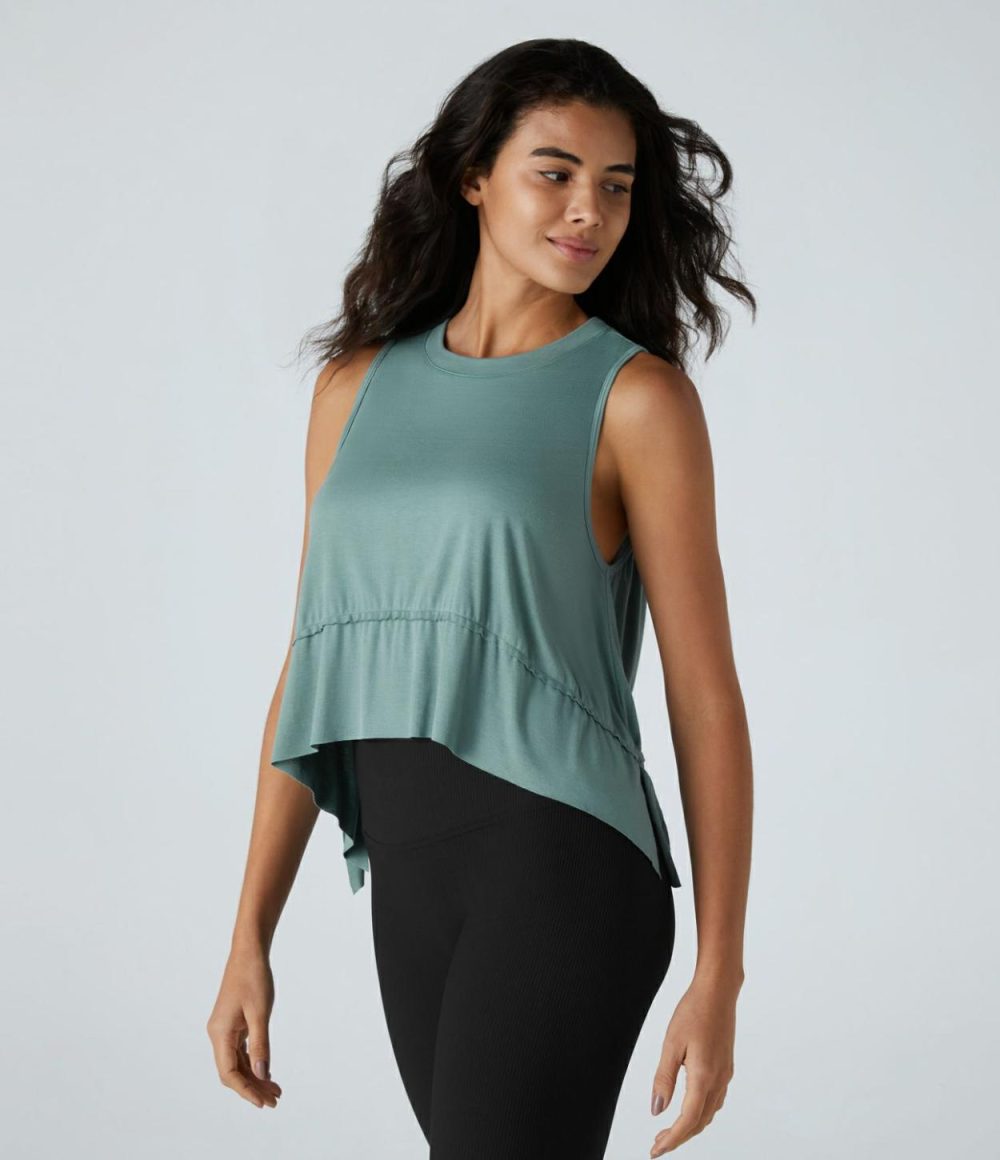 Ribbed High Low Raw Hem Split Resort Tank Top  | Womens  T-Shirts Clothing Clear Green/Black