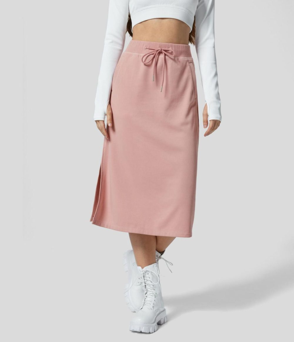 Ribbed High Waisted Drawstring Side Pocket Split Solid A-line Midi Casual Skirt  | Womens  Everyday Skirts Clothing Everyday Skirts