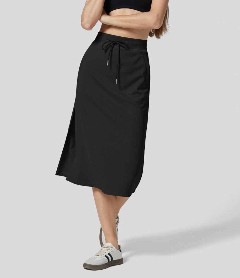 Ribbed High Waisted Drawstring Side Pocket Split Solid A-line Midi Casual Skirt  | Womens  Everyday Skirts Clothing Everyday Skirts