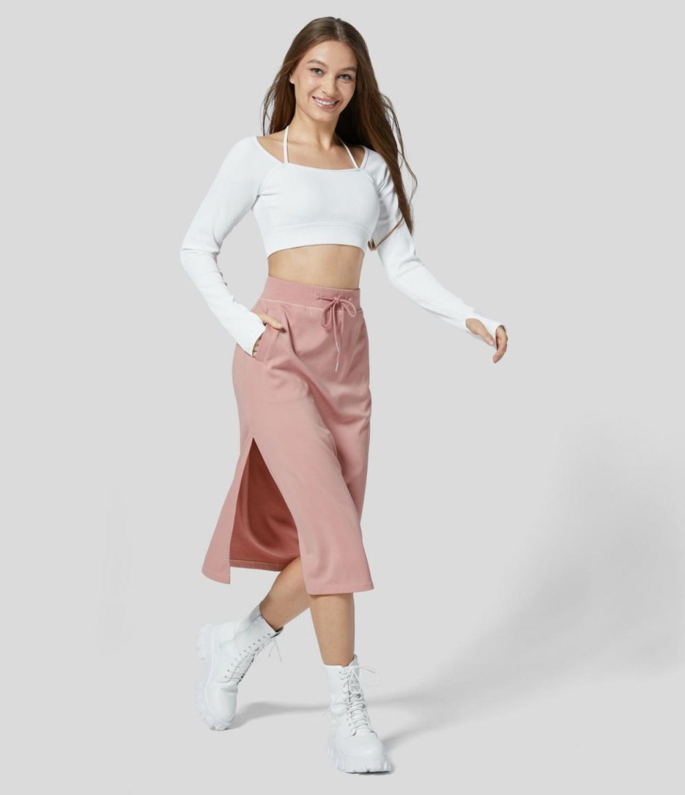 Ribbed High Waisted Drawstring Side Pocket Split Solid A-line Midi Casual Skirt  | Womens  Everyday Skirts Clothing Everyday Skirts