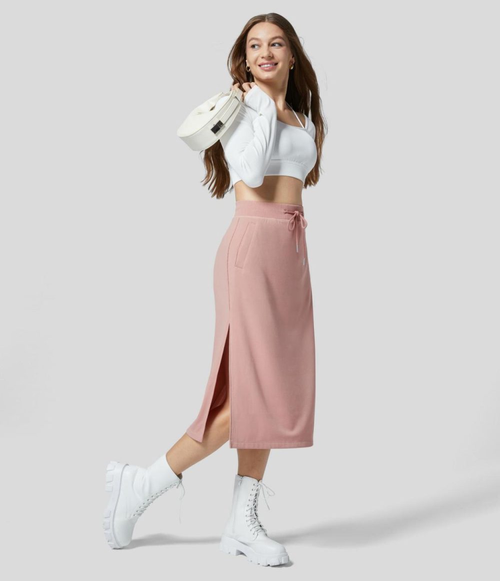 Ribbed High Waisted Drawstring Side Pocket Split Solid A-line Midi Casual Skirt  | Womens  Everyday Skirts Clothing Everyday Skirts