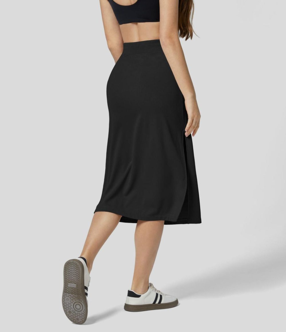 Ribbed High Waisted Drawstring Side Pocket Split Solid A-line Midi Casual Skirt  | Womens  Everyday Skirts Clothing Everyday Skirts