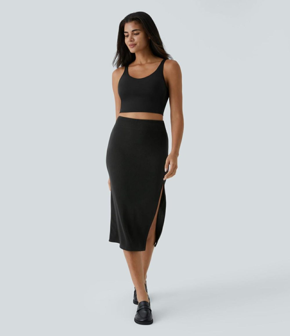 Ribbed High Waisted Split Bodycon Midi Casual Skirt  | Womens  Everyday Skirts Clothing Black/Mellow Rose/Delicioso/Warm Yellow Cake/Chestnut/African Violet/Cactus Flower