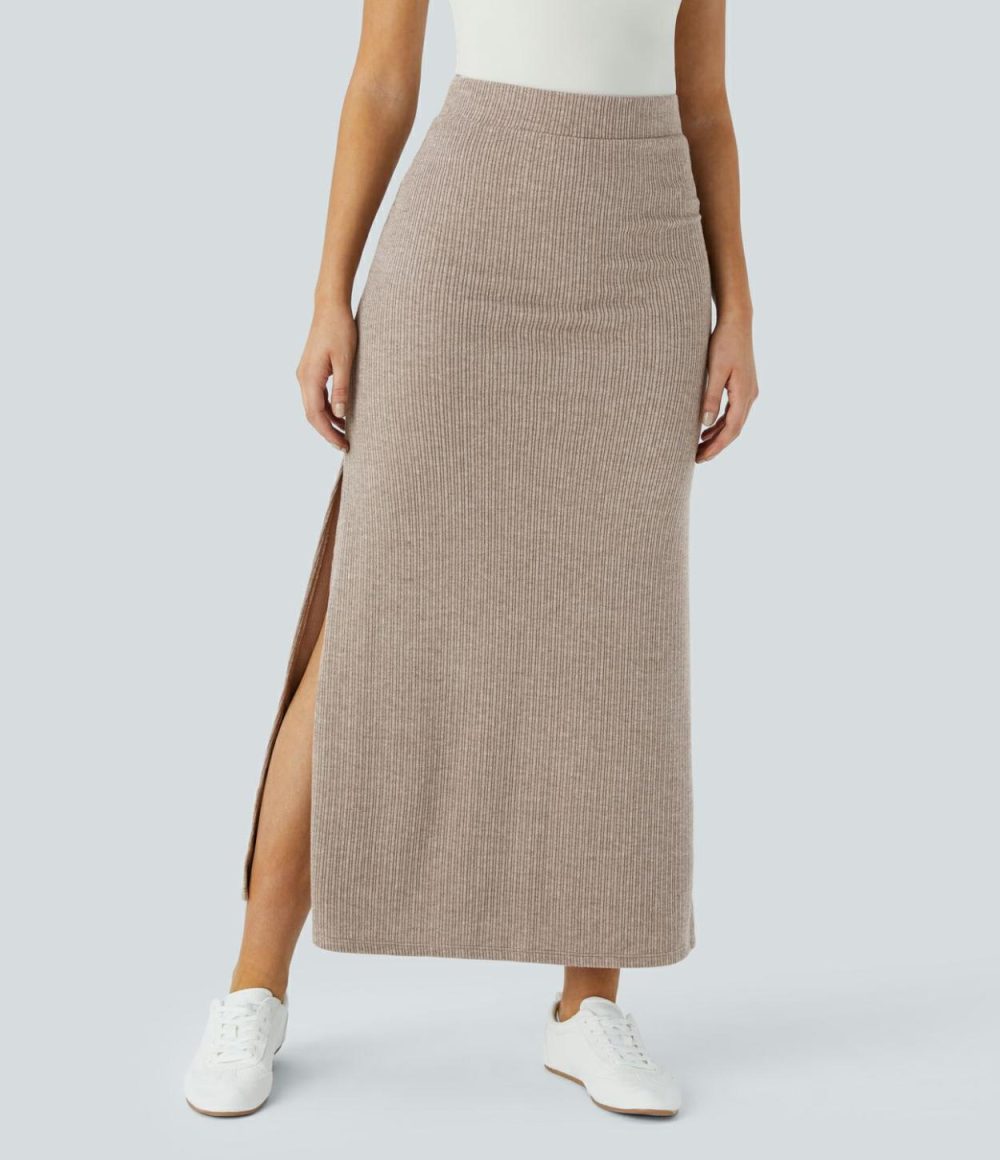 Ribbed High Waisted Split Hem A Line Maxi Casual Skirt  | Womens  Everyday Skirts Clothing Everyday Skirts