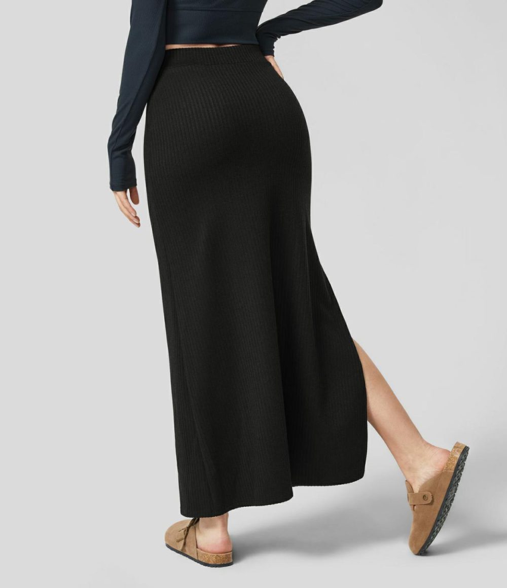 Ribbed High Waisted Split Hem A Line Maxi Casual Skirt  | Womens  Everyday Skirts Clothing Everyday Skirts