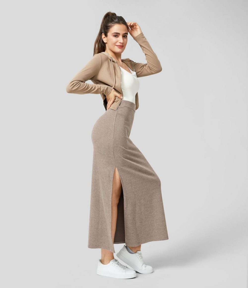 Ribbed High Waisted Split Hem A Line Maxi Casual Skirt  | Womens  Everyday Skirts Clothing Everyday Skirts